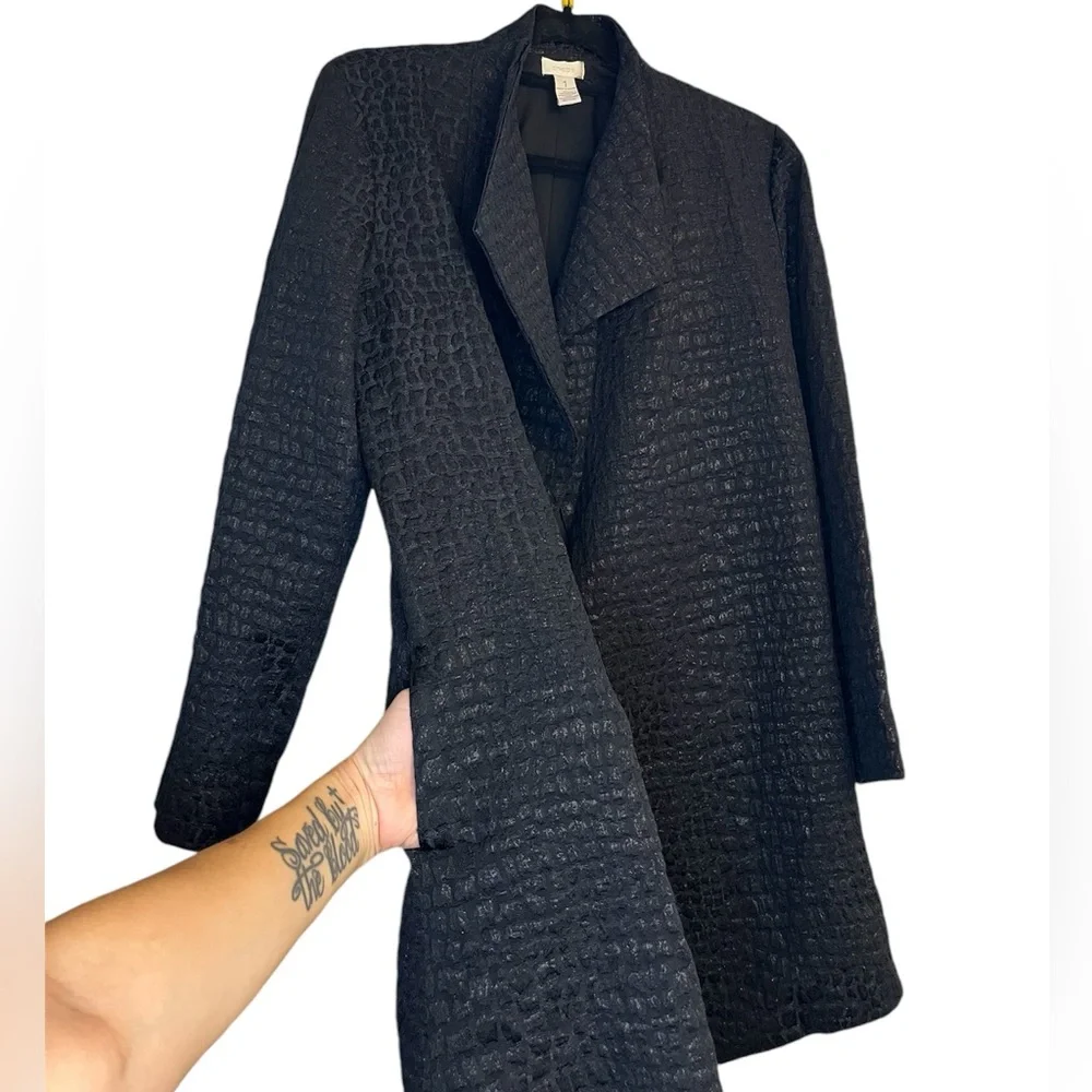 Chico’s Black Textured Open Front Shimmer Duster Old Money Topper Mob Wife - Picture 4 of 7